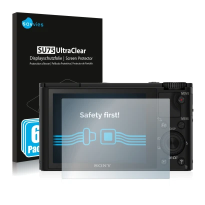 Front side of a product packaging with the brand logo Savvies. Next to it is the device Sony Cyber-Shot DSC-RX100 shown with t
