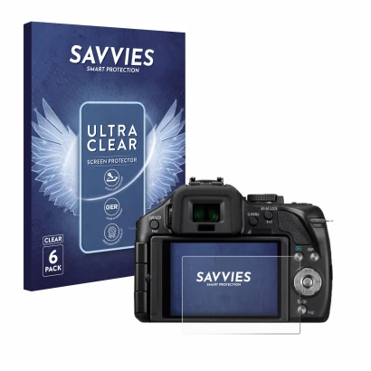 Front side of a product packaging with the brand logo Savvies. Next to it is the device Panasonic Lumix DMC-G5 shown with the 