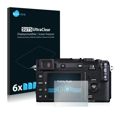 Front side of a product packaging with the brand logo Savvies. Next to it is the device Fujifilm X-E1 shown with the correspon