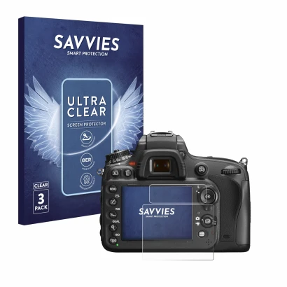 Front side of a product packaging with the brand logo Savvies. Next to it is the device Nikon D600 shown with the correspondin