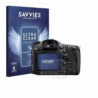 Front side of a product packaging with the brand logo Savvies. Next to it is the device Sony Alpha 99 shown with the correspon