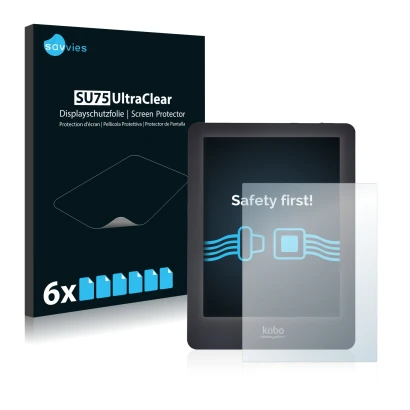 Front side of a product packaging with the brand logo Savvies. Next to it is the device Kobo Glo shown with the corresponding 