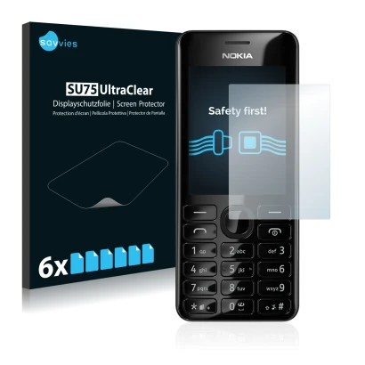 Front side of a product packaging with the brand logo Savvies. Next to it is the device Nokia 206 Dual SIM shown with the corr