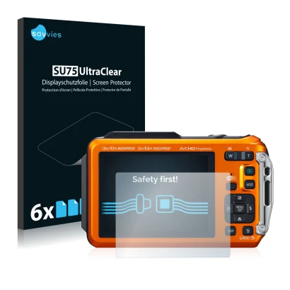 Front side of a product packaging with the brand logo Savvies. Next to it is the device Panasonic Lumix DMC-FT5 shown with the