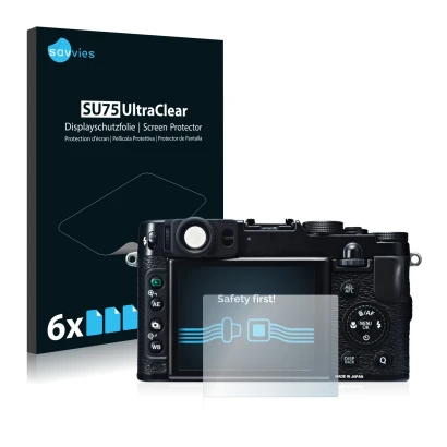 Front side of a product packaging with the brand logo Savvies. Next to it is the device Fujifilm X20 shown with the correspond