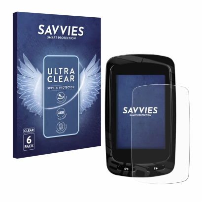 Front side of a product packaging with the brand logo Savvies. Next to it is the device Garmin Edge 810 shown with the corresp