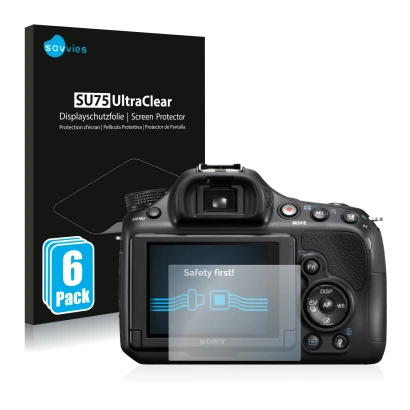 Front side of a product packaging with the brand logo Savvies. Next to it is the device Sony Alpha 58 (SLT-A58) shown with the