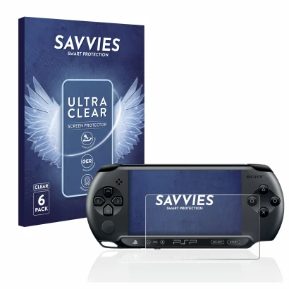 Front side of a product packaging with the brand logo Savvies. Next to it is the device Sony PSP 1004 shown with the correspon