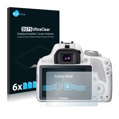 Front side of a product packaging with the brand logo Savvies. Next to it is the device Canon EOS 100D shown with the correspo