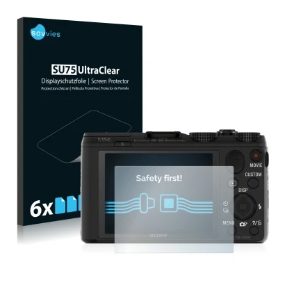 Front side of a product packaging with the brand logo Savvies. Next to it is the device Sony Cyber-Shot DSC-HX50V shown with t