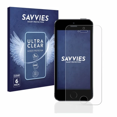 Front side of a product packaging with the brand logo Savvies. Next to it is the device Apple iPhone 5S shown with the corresp
