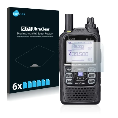 Front side of a product packaging with the brand logo Savvies. Next to it is the device Icom ID-51 shown with the correspondin