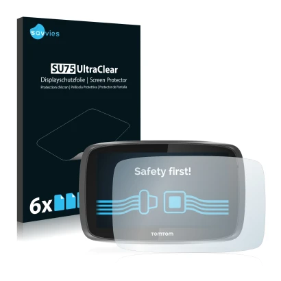 Front side of a product packaging with the brand logo Savvies. Next to it is the device TomTom GO 5000 shown with the correspo