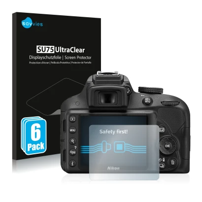 Front side of a product packaging with the brand logo Savvies. Next to it is the device Nikon D3300 shown with the correspondi