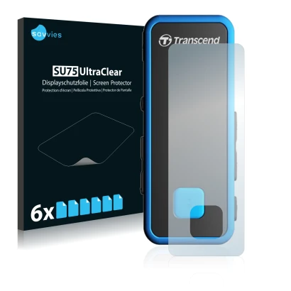 Front side of a product packaging with the brand logo Savvies. Next to it is the device Transcend MP350 shown with the corresp