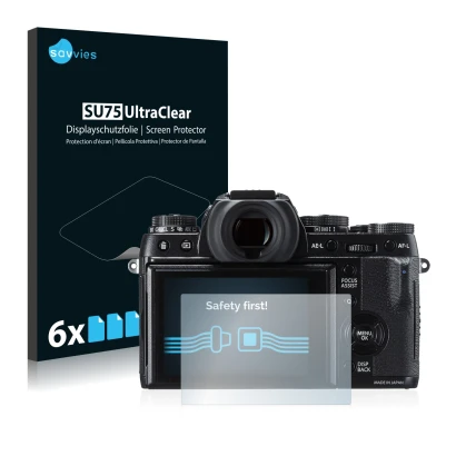 Front side of a product packaging with the brand logo Savvies. Next to it is the device Fujifilm X-T1 shown with the correspon