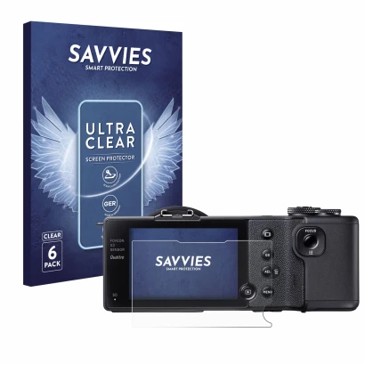 Front side of a product packaging with the brand logo Savvies. Next to it is the device Sigma dp2 Quattro shown with the corre