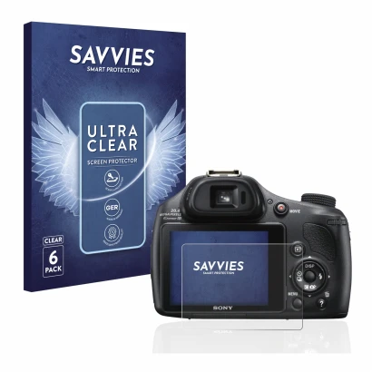 Front side of a product packaging with the brand logo Savvies. Next to it is the device Sony Cyber-Shot DSC-HX400V shown with 
