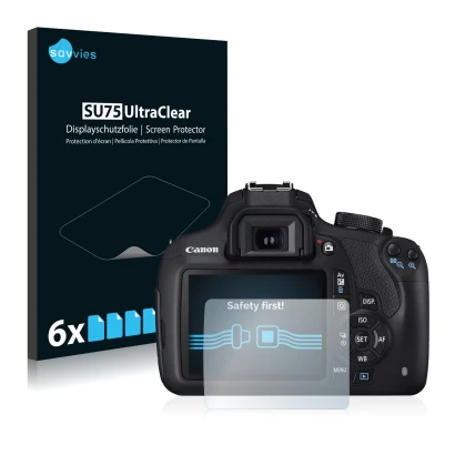 Front side of a product packaging with the brand logo Savvies. Next to it is the device Canon EOS 1200D shown with the corresp