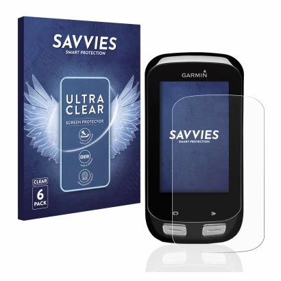 Front side of a product packaging with the brand logo Savvies. Next to it is the device Garmin Edge 1000 shown with the corres