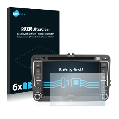 Front side of a product packaging with the brand logo Savvies. Next to it is the device Zenec Z-E2015 shown with the correspon