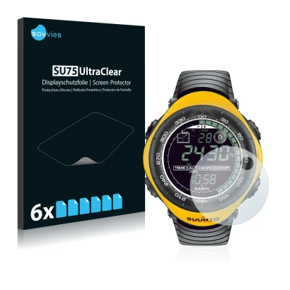 Front side of a product packaging with the brand logo Savvies. Next to it is the device Suunto Vector Yellow shown with the co