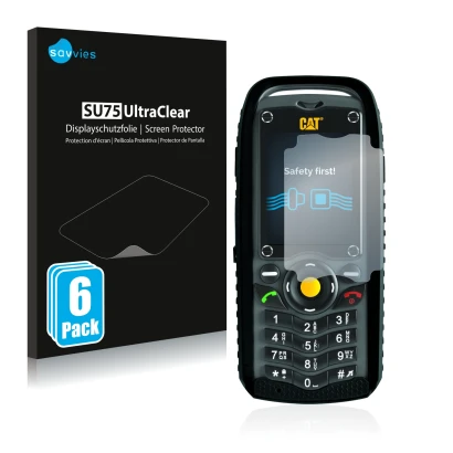 Front side of a product packaging with the brand logo Savvies. Next to it is the device Caterpillar Cat B25 shown with the cor