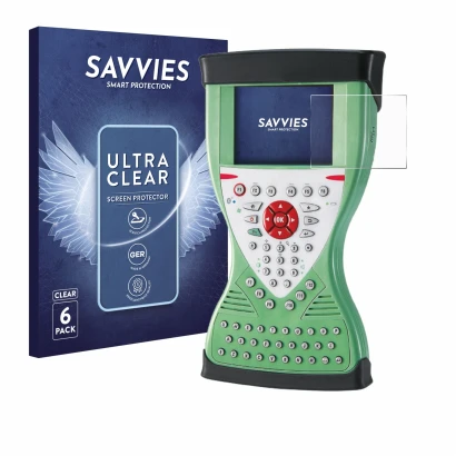 Front side of a product packaging with the brand logo Savvies. Next to it is the device Leica Viva Controller CS15 shown with 