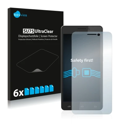 Front side of a product packaging with the brand logo Savvies. Next to it is the device Gigabyte GSmart Mika M2 shown with the