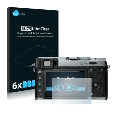 Front side of a product packaging with the brand logo Savvies. Next to it is the device Fujifilm X100T shown with the correspo