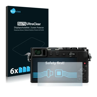 Front side of a product packaging with the brand logo Savvies. Next to it is the device Panasonic Lumix DMC-GM5 shown with the