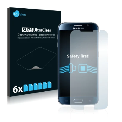 Front side of a product packaging with the brand logo Savvies. Next to it is the device Samsung Galaxy S6 shown with the corre