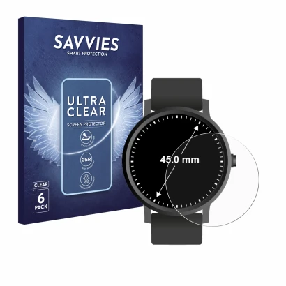 Front side of a product packaging with the brand logo Savvies. Next to it is the device Watches (Circular, ø: 45 mm) shown wit