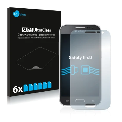 Front side of a product packaging with the brand logo Savvies. Next to it is the device Samsung Galaxy Core Prime G360 shown w