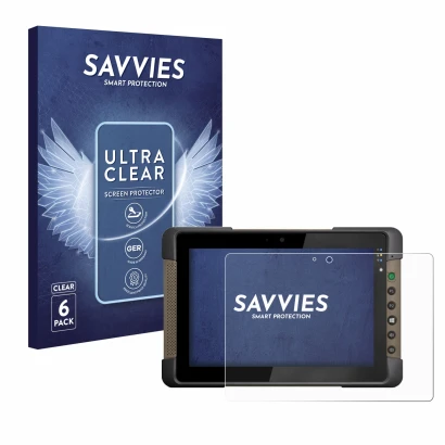 Front side of a product packaging with the brand logo Savvies. Next to it is the device Getac T800 shown with the correspondin