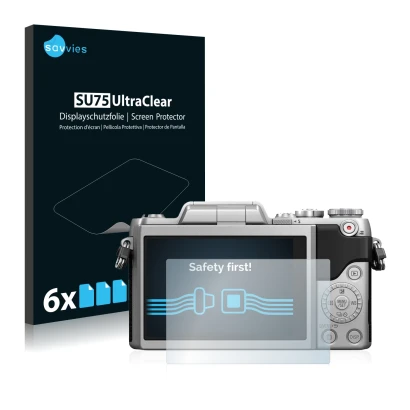 Front side of a product packaging with the brand logo Savvies. Next to it is the device Panasonic Lumix DMC-GF7 shown with the