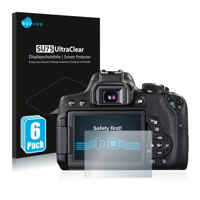Front side of a product packaging with the brand logo Savvies. Next to it is the device Canon EOS 750D shown with the correspo