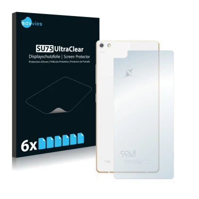 Front side of a product packaging with the brand logo Savvies. Next to it is the device Allview X2 Soul Pro (Back) shown with 