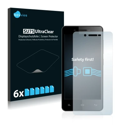 Front side of a product packaging with the brand logo Savvies. Next to it is the device Gionee V183 shown with the correspondi