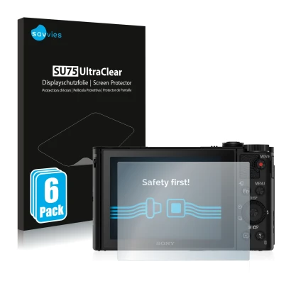 Front side of a product packaging with the brand logo Savvies. Next to it is the device Sony Cyber-Shot DSC-HX90 shown with th