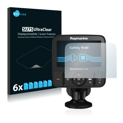 Front side of a product packaging with the brand logo Savvies. Next to it is the device Raymarine Dragonfly 5 shown with the c