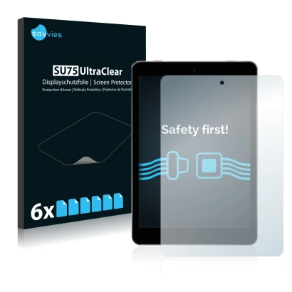Front side of a product packaging with the brand logo Savvies. Next to it is the device Kiano SlimTab 8 shown with the corresp