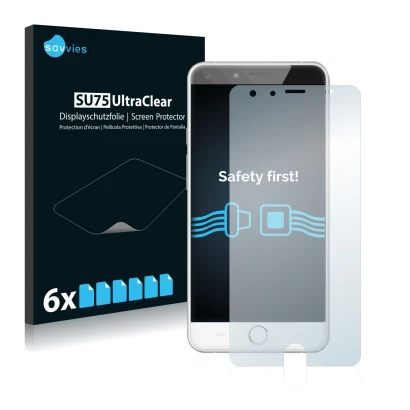 Front side of a product packaging with the brand logo Savvies. Next to it is the device Ulefone Be Touch 2 shown with the corr