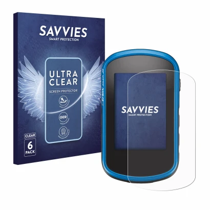 Front side of a product packaging with the brand logo Savvies. Next to it is the device Garmin eTrex Touch 35 shown with the c