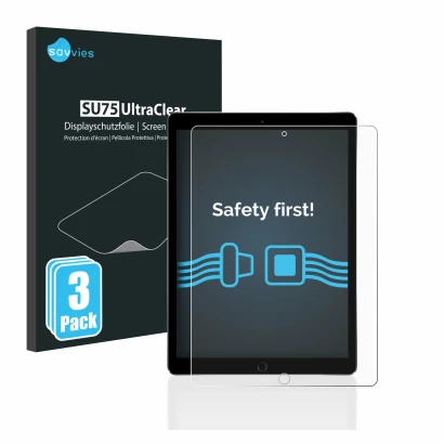 Front side of a product packaging with the brand logo Savvies. Next to it is the device Apple iPad Pro 12.9" 2015 shown with t