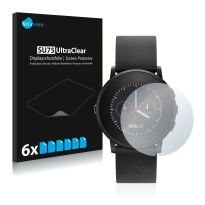 Front side of a product packaging with the brand logo Savvies. Next to it is the device Pebble Time Round shown with the corre