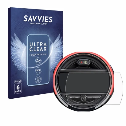 Front side of a product packaging with the brand logo Savvies. Next to it is the device Mini Cooper R56 (6.5") shown with the 