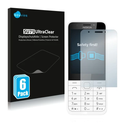 Front side of a product packaging with the brand logo Savvies. Next to it is the device Nokia 230 shown with the corresponding