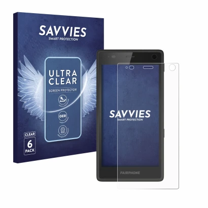 Front side of a product packaging with the brand logo Savvies. Next to it is the device Fairphone 2 shown with the correspondi