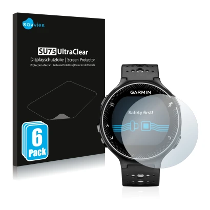Front side of a product packaging with the brand logo Savvies. Next to it is the device Garmin Forerunner 230 shown with the c